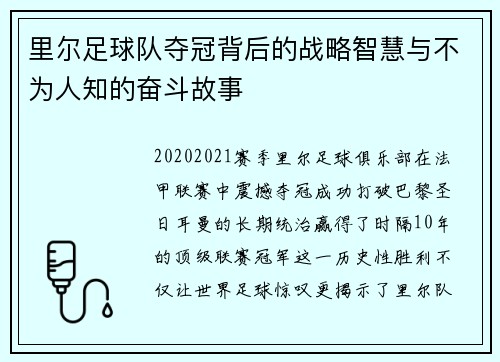 里尔足球队夺冠背后的战略智慧与不为人知的奋斗故事